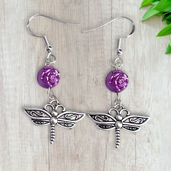 Hand Crafted Earrings Dragonfly ROSE Bead Dangle Silver Pierced Long - Picture 1 of 4